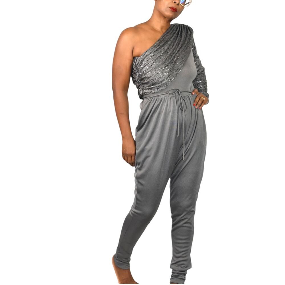 Vintage Climax One Shoulder Jumpsuit Gray Sequin Ruched Draped 70s Retro Small